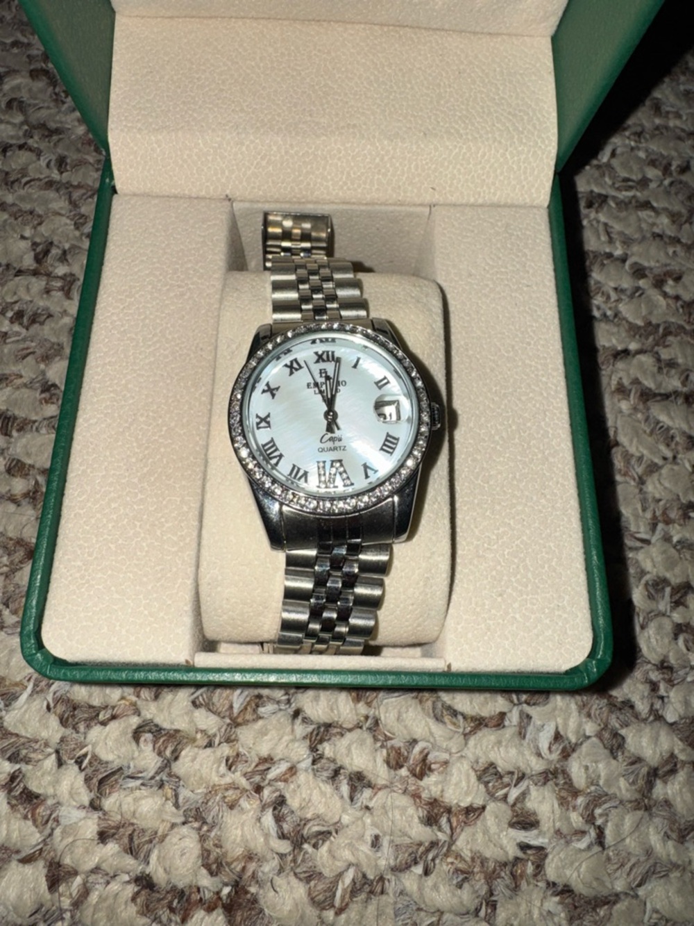 El Emporio Limited Silver Stainless Steel Quartz Watch with Crystal Bezel